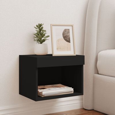 vidaXL Bedside Cabinet with LED Lights Wall-mounted Black