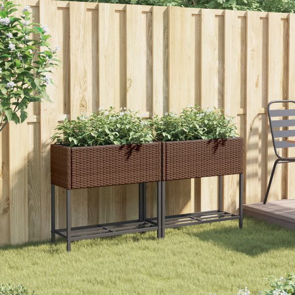 vidaXL Garden Planters with Shelf 2 pcs Brown 70x28x70 cm Poly Rattan