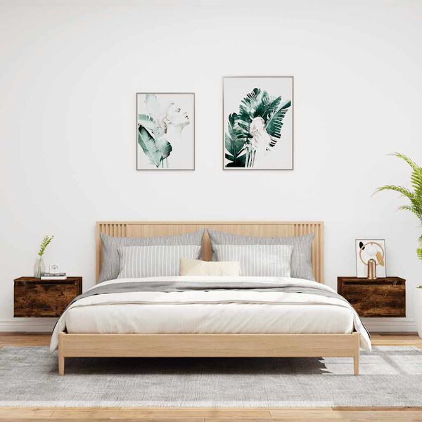 vidaXL Wall-mounted Bedside Cabinets with LED Lights 2 pcs Smoked Oak