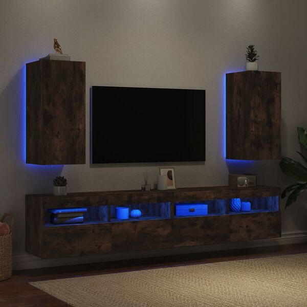 vidaXL TV Wall Cabinets with LED Lights 2 pcs Smoked Oak 30.5x35x70 cm