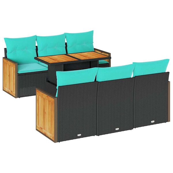 vidaXL 7 Piece Garden Sofa Set with Cushions Black Poly Rattan Acacia