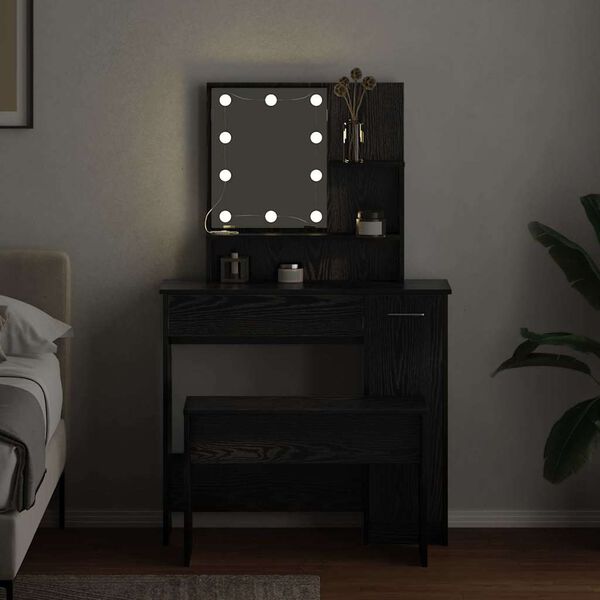 vidaXL LED Dressing Table Set 2 pcs Black Oak Engineered Wood