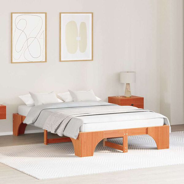 vidaXL Bed Frame Wax Brown 135 x 190 cm Solid Pine Wood