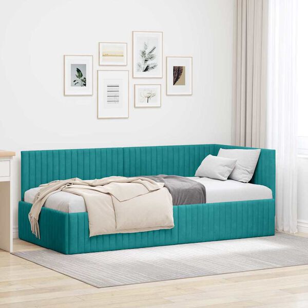 vidaXL Corner Bed Frame with Headboard Turquoise 90 cm x 200 cm Velvet