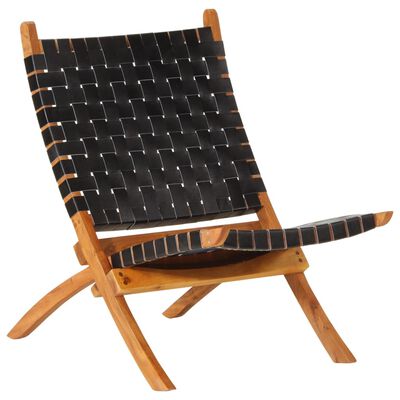 vidaXL Folding Relaxing Chair Black Real Leather