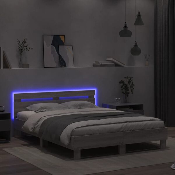 vidaXL Bed Frame with LED without Mattress Grey Sonoma 140x190 cm