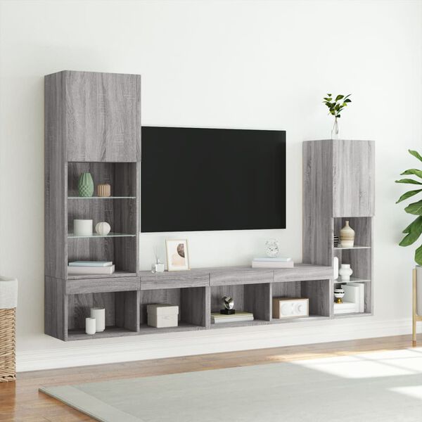 vidaXL 4 Piece TV Wall Units with LED Grey Sonoma Engineered Wood