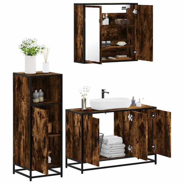vidaXL 3 Piece Bathroom Furniture Set Smoked Oak Engineered Wood