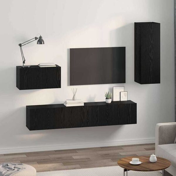 vidaXL Wall TV Cabinet Wall-mounted 4 pcs Black Oak Engineered Wood