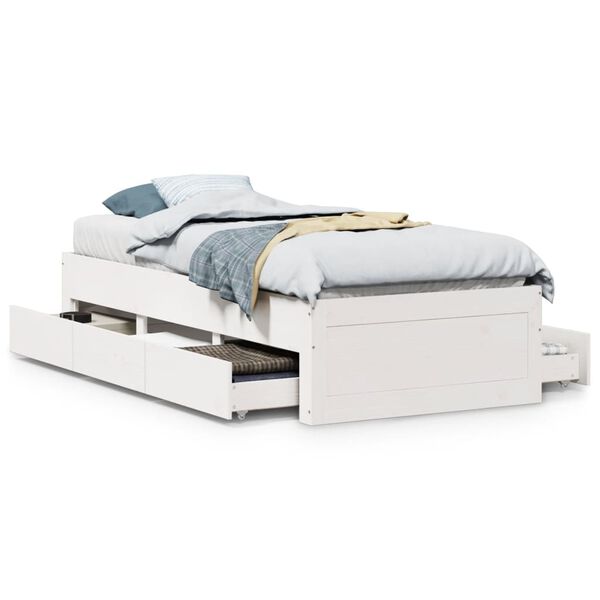 vidaXL Bed Frame without Mattress with Drawers White 75x190 cm Small Single Solid Wood Pine
