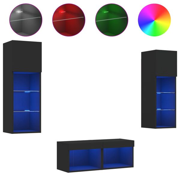 vidaXL 4 Piece TV Wall Cabinets with LED Lights Black