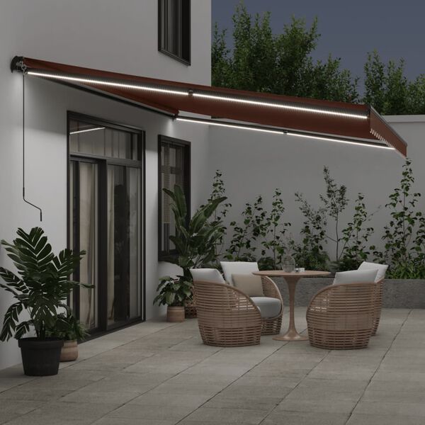 vidaXL Manual Retractable Awning with LEDs Brown 500x350 cm