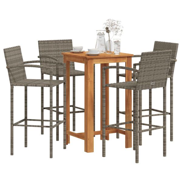 vidaXL 5 Piece Garden Bar Set Grey Solid Wood Acacia and Poly Rattan