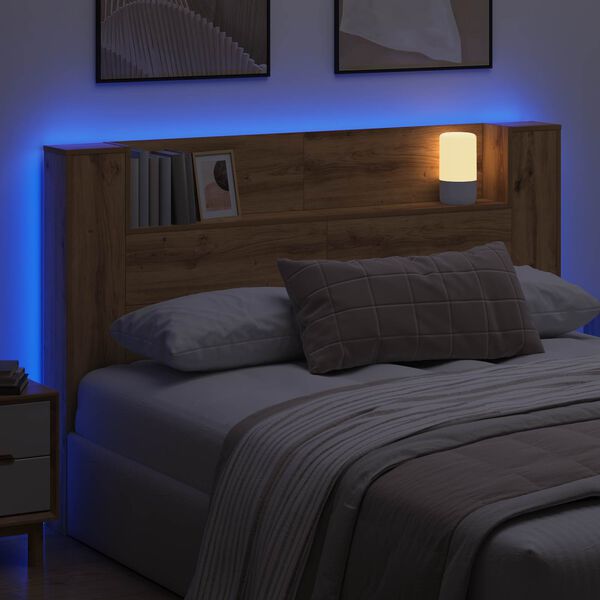vidaXL Headboard Cabinet with LED Artisan Oak 160 x 16.5 x 103.5 cm