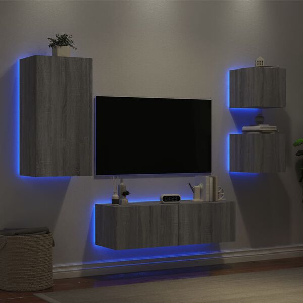 vidaXL 4 Piece TV Wall Cabinets with LED Lights Grey Sonoma
