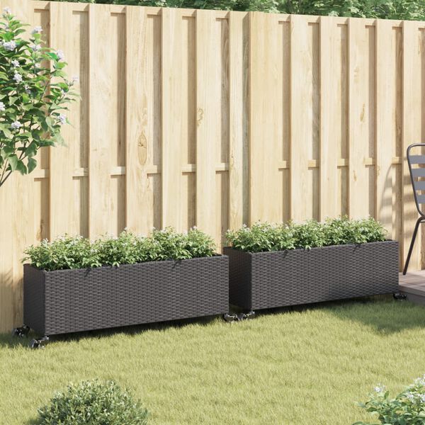 vidaXL Garden Planters with Wheels 2 pcs Black 107x32x38 cm Poly Rattan