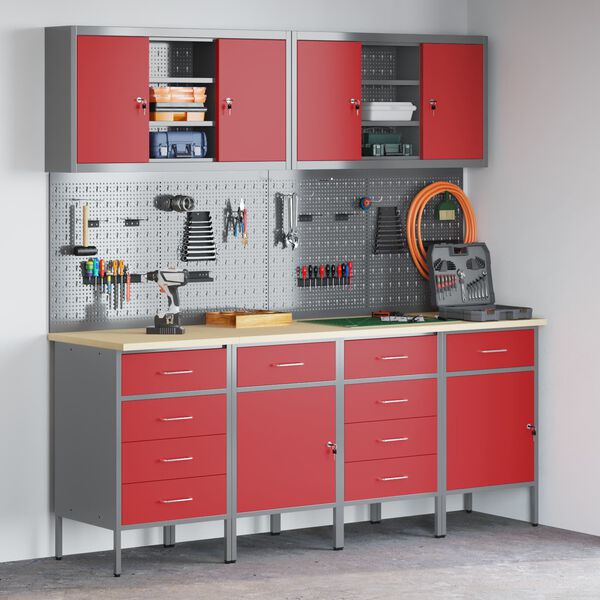 vidaXL Work Cabinet with Drawer 10 pcs Red Engineered Wood and Steel
