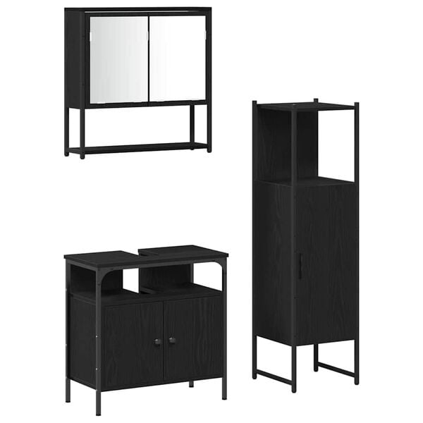 vidaXL Bathroom Furniture Set with Shelf 3 pcs Black Engineered wood