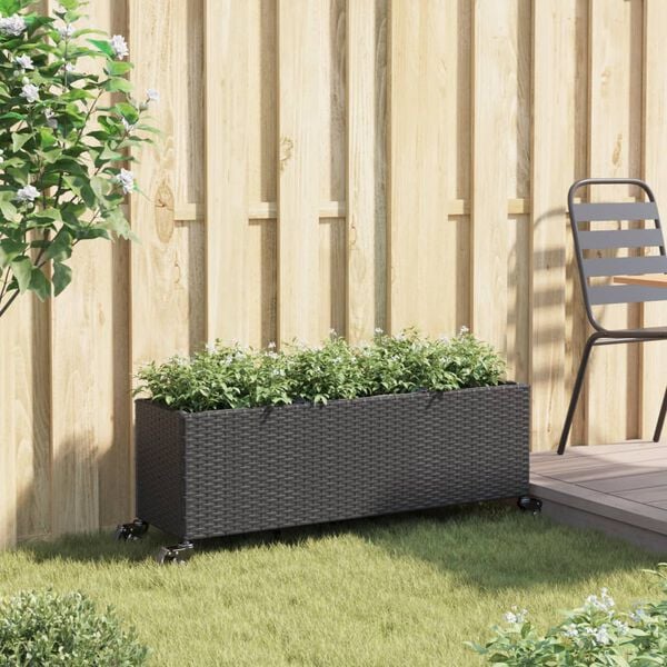 vidaXL Garden Planter with Wheels and 3 Pots Black 107x32x38 cm Poly Rattan