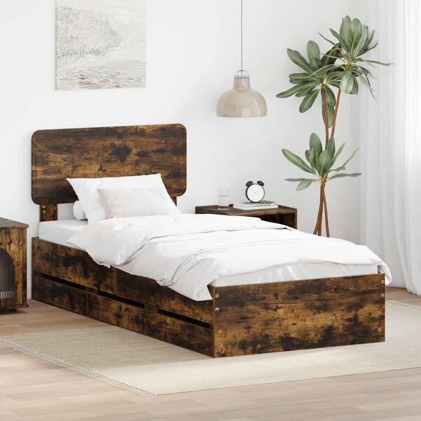 vidaXL Bed Frame with Drawer Smoked Oak 100 x 200 cm Engineered Wood