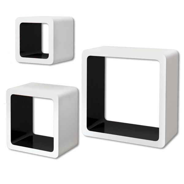3 White-black MDF Floating Wall Display Shelf Cubes Book/DVD Storage