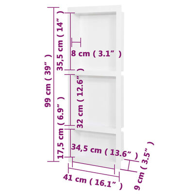 vidaXL Shower Niche with 3 Compartments Matt White 41x99x9 cm