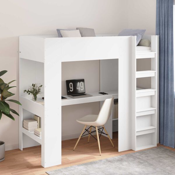 vidaXL Loft Bed Frame with Desk White 90 x 200 cm Engineered Wood