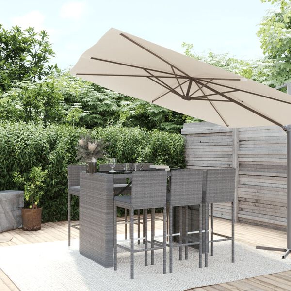 vidaXL 7 Piece Garden Bar Set with Cushions Grey Poly Rattan