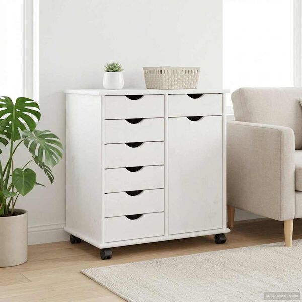 vidaXL Rolling Cabinet White 63.5 x 39 x 65.5 cm Solid Pine Wood