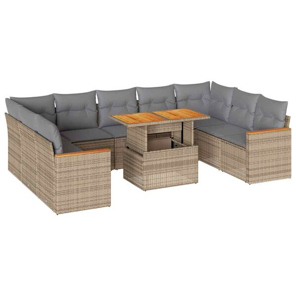 vidaXL 10 Piece Garden Sofa Set with Cushions Beige Poly Rattan Acacia