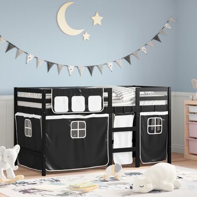 vidaXL Kids' Loft Bed with Curtains White&Black 80x200 cm Solid Wood Pine