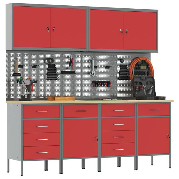 vidaXL Work Cabinet with Drawer 10 pcs Red Engineered Wood and Steel