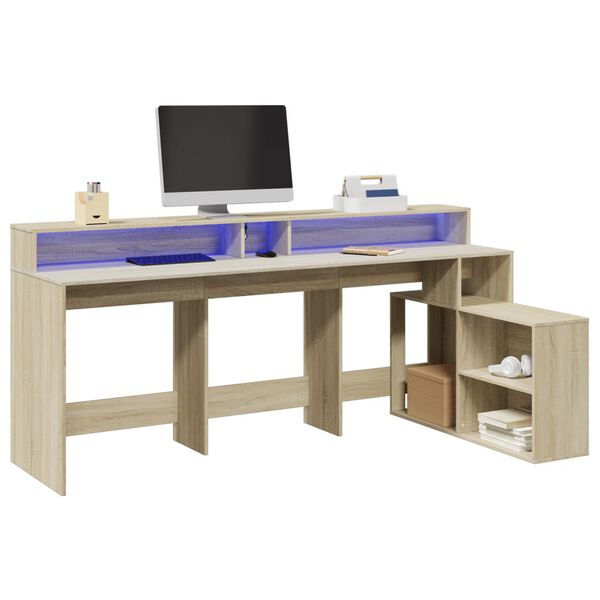 vidaXL Desk with LED Lights Sonoma Oak 200x104x91 cm Engineered Wood