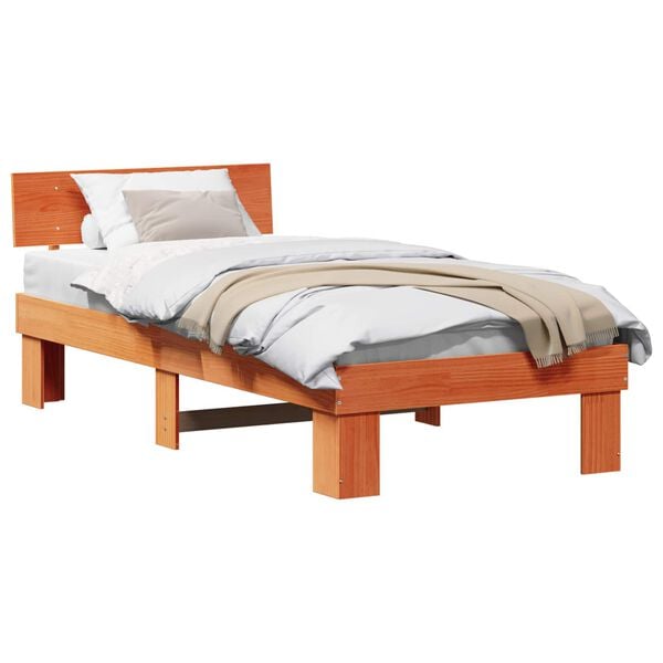 vidaXL Bed Frame with Headboard Wax Brown 100 x 200 cm Solid Pine Wood