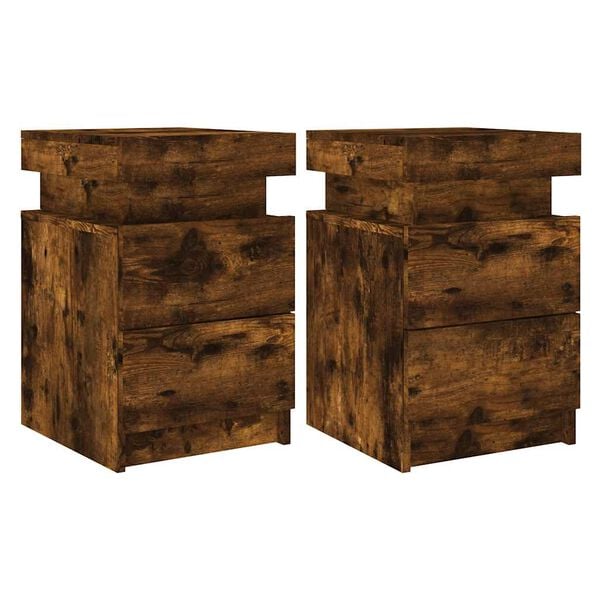vidaXL Bedside Cabinets with LED Lights 2 pcs Smoked Oak 35x39x55 cm