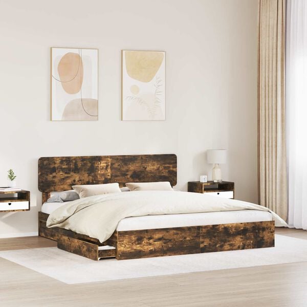 vidaXL Storage Bed with Drawer Smoked Oak 180 x 200 cm Engineered Wood