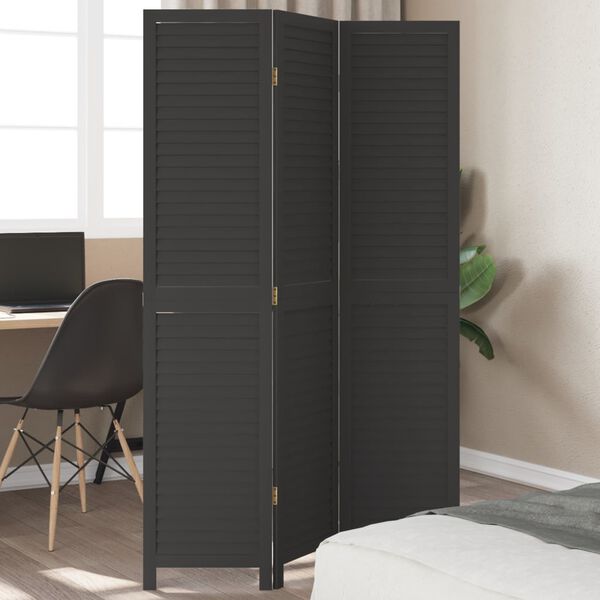 vidaXL Room Divider 3 Panels Black Solid Wood Paulownia