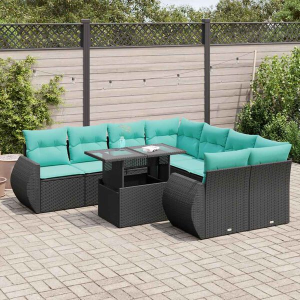 vidaXL 9 Piece Garden Sofa Set with Cushions Black Poly Rattan Acacia