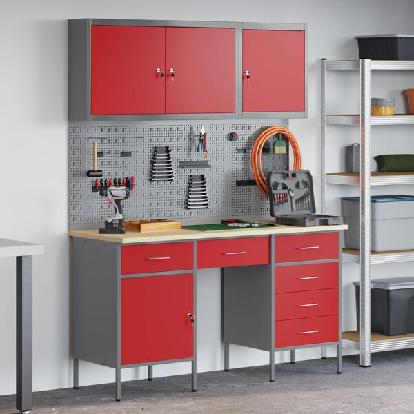 vidaXL Work Cabinet with Drawer 8 pcs Red Engineered Wood and Steel