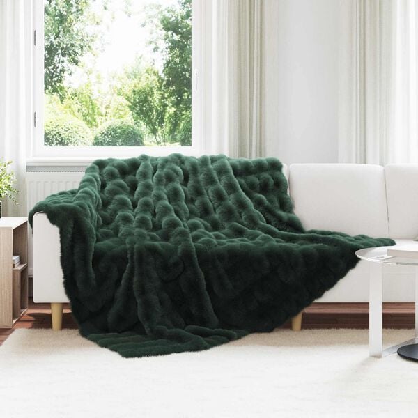 vidaXL Faux Rabbit Fur Blanket Dark Green 220 x 240 cm Polyester