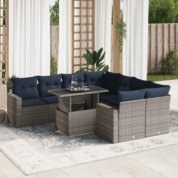 vidaXL 9 Piece Garden Sofa Set with Cushions Grey Poly Rattan Acacia