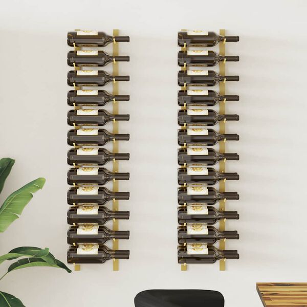 vidaXL Wall Mounted Wine Rack for 24 Bottles 2 pcs Gold Iron