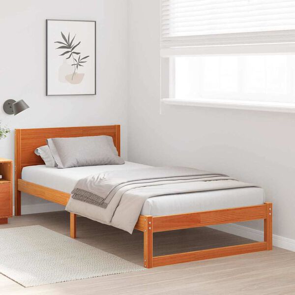 vidaXL Bed Frame with Headboard Wax Brown 100 x 200 cm Solid Pine Wood