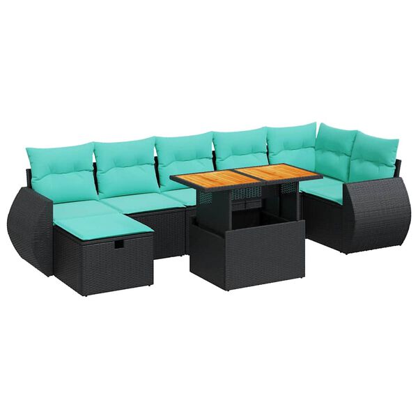 vidaXL 8 Piece Garden Sofa Set with Cushions Black Poly Rattan Acacia
