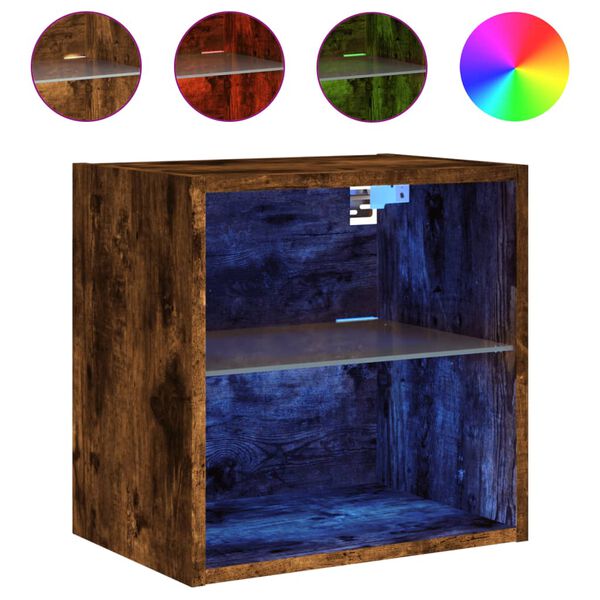 vidaXL Bedside Cabinet with LED Lights Wall-mounted Smoked Oak