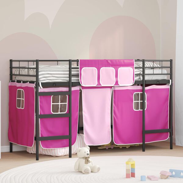 vidaXL Kids'Loft Bed Frame with Curtains Black and Pink 75 x 190 cm