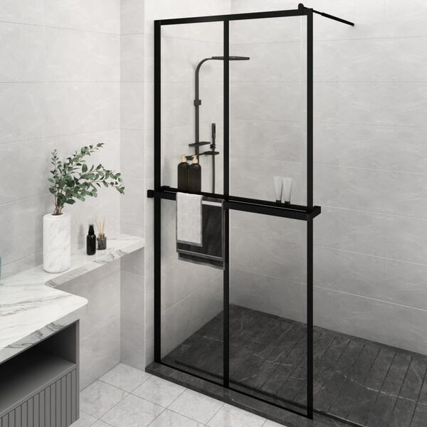 vidaXL Walk-in Shower Wall with Shelf Black 118x190 cm ESG Glass&Aluminium