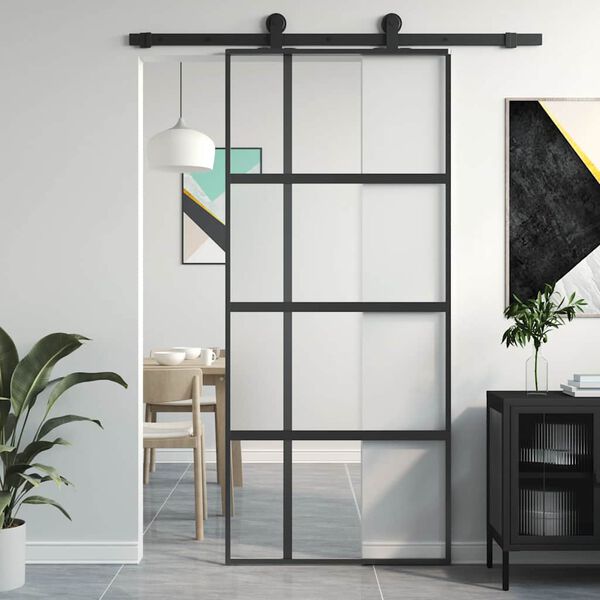 vidaXL Sliding Door Black 90x205 cm Tempered Glass and Aluminium