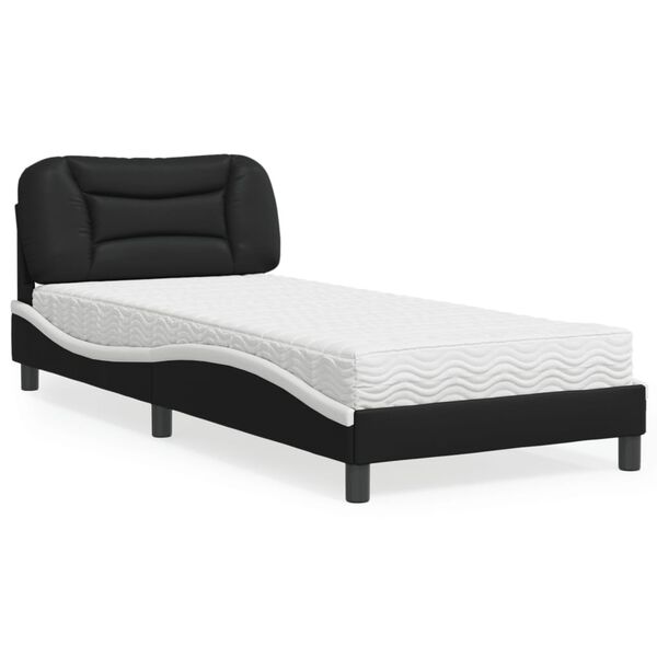 vidaXL Bed with Mattress "Hvar" Black and White 90x190 cm Single Faux Leather