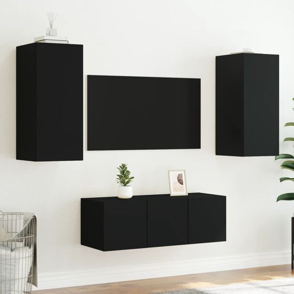 vidaXL 4 Piece TV Wall Units with LED Black Engineered Wood